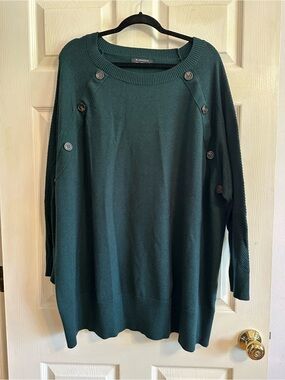 Button-Trim Dark Teal Green Sweater